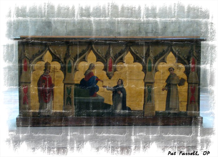 In this image from the front of an altar in Toulouse, France, the artist has painted his idea of Our Lady giving the Rosary to Dominic
