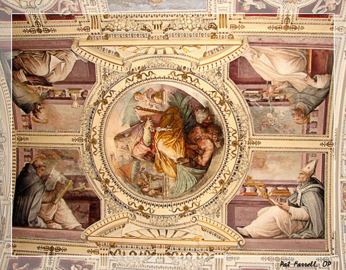 In this fresco from a ceiling in the Vatican, Mary is surrounded by Dominican saints